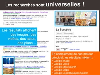 Les recherches sont universelles !
En complément de son moteur
principal, les résultats mixtent :
> Google Image
> Google Vidéo
> Google Blog Search
> Google Maps
> Google Local Business Center
Les résultats affichent
des images, des
vidéos, des actus,
des plans…
 