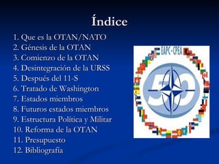 Índice
1. Que es la OTAN/NATO
2. Génesis de la OTAN
3. Comienzo de la OTAN
4. Desintegración de la URSS
5. Después del 11-...