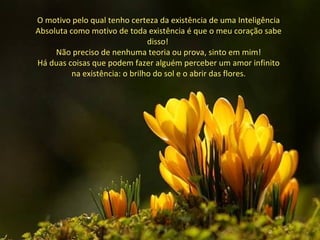 O motivo pelo qual tenho certeza da existência de uma Inteligência
Absoluta como motivo de toda existência é que o meu coração sabe
                                disso!
     Não preciso de nenhuma teoria ou prova, sinto em mim!
Há duas coisas que podem fazer alguém perceber um amor infinito
          na existência: o brilho do sol e o abrir das flores.
 