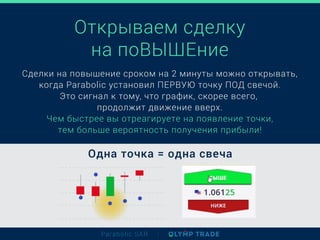 Открываем сделку
на поВЫШЕние
Сделки на повышение сроком на 2 минуты можно открывать,
когда Parabolic установил ПЕРВУЮ точку ПОД свечой.
Это сигнал к тому, что график, скорее всего,
продолжит движение вверх.
Чем быстрее вы отреагируете на появление точки,
тем больше вероятность получения прибыли!
Одна точка = одна свеча
Parabolic SAR
 