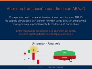 Abre una transacción con dirección ABAJO
El mejor momento para abrir transacciones con dirección ABAJO
es cuando el Parabolic SAR pone el PRIMER punto ENCIMA de una vela.
Esto signiﬁca que posiblemente la tendencia irá hacia abajo.
Entre más rápido reacciones a la aparición del punto,
¡mejores oportunidades de conseguir ganancias!
Parabolic SAR
UP
DOWN
Un punto = Una vela
 