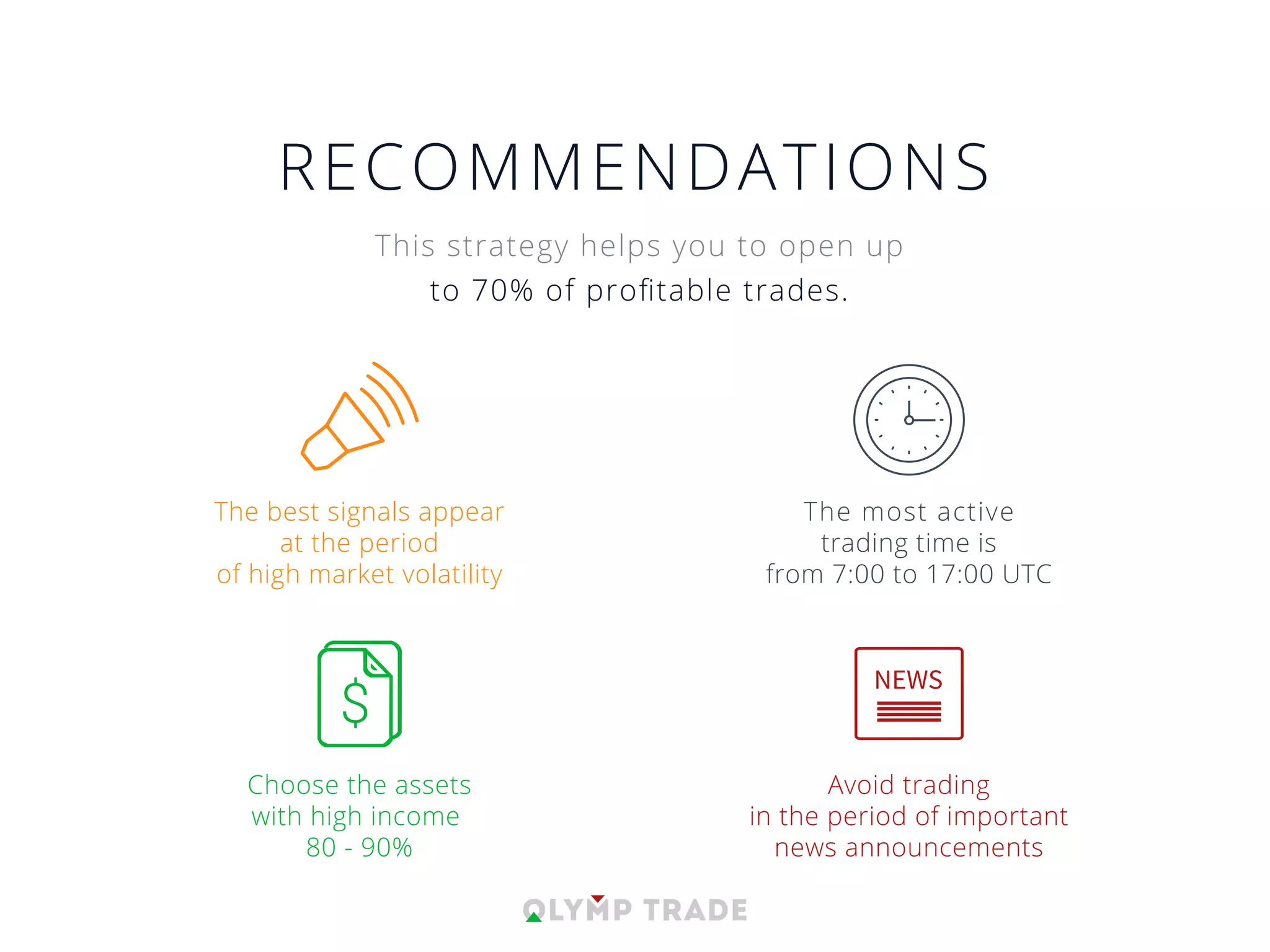Choose the assets
with high income
80 - 90%
Avoid trading
in the period of important
news announcements
The best signals appear
at the period
of high market volatility
RECOMMENDATIONS
The most active
trading time is
from 7:00 to 17:00 UTC
This strategy helps you to open up
to 70% of proﬁtable trades.
 