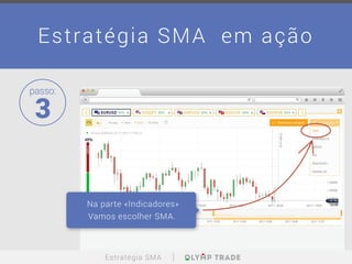 passo:
3
Na parte «Indicadores»
Vamos escolher SMA.
Estratégia SMA
Estratégia SMA em ação
 