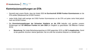 Kommissionszahlungen an OTA
23.03.2021 6
• Generell zeigt unsere Studie, dass die Hotels 2020 im Durchschnitt 36‘000 Frank...