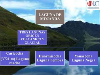 LAGUNA DE
MOJANDA
Huarmicocha
Laguna hembra
Yanacocha
Laguna Negra
Caricocha
(3721 m) Laguna
macho
TRES LAGUNAS
ORIGEN
VOLCANICO Y
GLACIAL
 