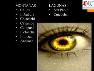 MONTAÑAS
• Chiles
• Imbabura
• Cotacachi
• Cayambe
• Cotopaxi
• Pichincha
• Illinizas
• Antisana
LAGUNAS
• San Pablo
• Cuicocha.
 