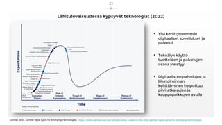 Lähitulevaisuudessa kypsyvät teknologiat (2022)
▪ Yhä kehittyneemmät
digitaaliset sovellukset ja
palvelut
▪ Tekoälyn käyttö
tuotteiden ja palvelujen
osana yleistyy
▪ Digitaalisten palvelujen ja
liiketoiminnan
kehittäminen helpottuu
pilviratkaisujen ja
kauppapaikkojen avulla
Gartner, 2022, Gartner Hype Cycle for Emerging Technologies, https://www.gartner.com/en/articles/what-s-new-in-the-2022-gartner-hype-cycle-for-emerging-technologies
21
 
