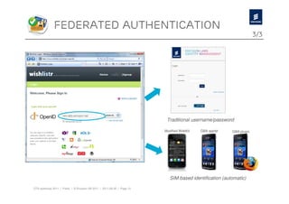 Federated authentication
                                                                                                                      3/3




                                                         We




                                                                          Traditional username/password

                                                                         Modified WebKit   GBA applet    GBA plugin




                                                                            SIM based identification (automatic)

OTA workshop 2011 | Public | © Ericsson AB 2011 | 2011-08-30 | Page 12
 