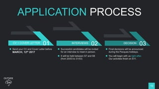 01 02 03
10
CV + COVER LETTER INTERVIEWS DECISION
 Send your CV and Cover Letter before
MARCH, 12th 2017
 Successful candidates will be invited
for an interview to meet in person.
 It will be held between S7 and S8
(from 20/03 to 31/03)
 Final decisions will be announced
during the Pacques holidays.
 You will begin with us right after.
Our activities finish on S11.
APPLICATION PROCESS
 