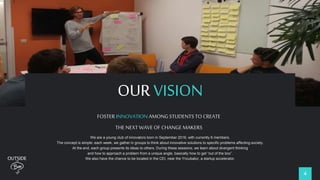 We are a young club of innovators born in September 2016, with currently 6 members.
The concept is simple: each week, we gather in groups to think about innovative solutions to specific problems affecting society.
At the end, each group presents its ideas to others. During these sessions, we learn about divergent thinking
and how to approach a problem from a unique angle, basically how to get “out of the box”.
We also have the chance to be located in the CEI, near the Yncubator, a startup accelerator.
OUR VISION
FOSTER INNOVATION AMONG STUDENTS TO CREATE
THE NEXT WAVE OF CHANGE MAKERS
4
 