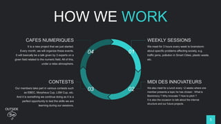 01
0203
04
5
WEEKLY SESSIONS
We meet for 3 hours every week to brainstorm
about specific problems affecting society, e.g.
traffic jams, pollution in Smart Cities, plastic
waste, etc.
MIDI DES INNOVATEURS
We also meet for a lunch every ~2 weeks where one
member presents a topic he has chosen : What is
Biomimicry ? Why Innovate ? How to pitch ?
It is also the occasion to talk about the internal
structure and our future projects.
CAFES NUMERIQUES
It is a new project that we just started.
Every month, we will organize these events.
It will basically be a talk given by 3 experts on a
given field related to the numeric field. All of this,
under a relax atmosphere.
CONTESTS
Our members take part in various contests such
as EBEC, Morpheus Cup, LSM Cup, etc.
And it is something we continue doing as it is a
perfect opportunity to test the skills we are
learning during our sessions.
HOW WE WORK
 