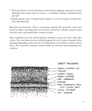 • Then spread one or more thick layers each of grass clippings, and leaves or straw,
finishing with another layer of manure – essentially creating a horizontal compost pile
• Finally spread a layer of topsoil and compost to cover the manure and give the
bed a pleasing look.
Keep the new bed moist. There is no turning required. The grass dies as the cardboard acts like a decomposable weed barrier, and all the valuable organic matter
from the grass and topsoil below remains in place.
Sheet mulching is an easy and inexpensive method to create new beds. All it takes
is time. The new beds need to sit and decompose for a few weeks or months before
planting, depending on the time of year. Wait about a year before sowing seed into
them. The reward for waiting is a more biodiverse soil and a better planting environment.

5

 