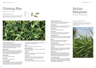 GREEN MANURE PLANTS NON-LEGUMES

GREEN MANURE PLANTS NON-LEGUMES

Grazing Rye
N holder, short term
Grazing rye does not ﬁx nitrogen but is one of the most
effective crops for reducing leaching over the winter.

0 cm 1

[Secale cereale]

Italian
Ryegrass
[Lolium multiflorum]

Sowing rate: 30 kg/ha or 2-3 g/m2
Optimum sowing depth is 1-2cm. The soil should be rolled after
sowing to increase soil moisture contact with the seed.
Ideal sowing time:
Italian ryegrasses can be sown in March and April but, for optimum
spring yields, is best sown in August or by late September.

N holder, medium term
Italian ryegrass is one of the most rapidly growing
grasses and is commonly grown in mixes with
red clover or vetch.

Suitable varieties
There is a wide range of varieties available.
Frost tolerance
Italian ryegrass will grow through the winter, but frost tolerance
is improved if surplus growth is removed in the autumn.
Weed competitiveness
Italian ryegrass grows very rapidly so is competitive against weeds.
As it beneﬁts from early cutting this can also help combat weeds.
Biomass
Italian ryegrass produces large amounts of biomass over a
growing season. Yields can be as high as 15t DM/ha.
Sowing rate: 180 kg/ha or 18 g/m2
Grazing rye seed is large and should drilled to a depth of 2 – 3 cm.
The soil should be rolled after sowing to increase soil moisture
contact with the seed. It is sown at a high rate, making it an
expensive crop to establish, so particular care should be taken
to ensure that sowing conditions are optimal.
Ideal sowing time
Grazing rye is usually sown in the autumn in order to establish
over-winter cover. It has an advantage over legumes in that it will
still grow successfully if sown in September or October. This is
useful if a cash crop is still being harvested in autumn.
Suitable varieties
There is limited information on varieties
Frost tolerance
Grazing rye is extremely tolerant to frost.
Weed competitiveness
Grazing rye establishes very quickly and competes against weeds
effectively. The residues, when dug in, have an allelopathic effect
against germination of seed (see page 9). This should be taken
30

into consideration when sowing direct drilled crops after grazing rye
and an interval of six weeks should be left.
Biomass
Grazing rye rapidly produces large amounts of biomass.
Nitrogen ﬁxing potential
Grazing rye does not ﬁx N but is one of the best crops for preventing
it leaching over the winter.
Persistence
Grazing rye is a short lived cover crop, and is normally incorporated
in March after an autumn sowing.
Topping regime
Grazing rye may need topping in March or early April, either for
weed control or to prevent it ﬂowering and becoming stemmy.
Pest and disease problems
There are generally few pest and disease problems with grazing rye.

Nitrogen ﬁxing potential
Italian ryegrass does not ﬁx N but is effective at reducing leaching
provided there is a well established canopy.
Persistence
Italian ryegrass has a shorter persistence than perennial ryegrass,
generally only lasting from 1–2 years, depending on conditions.
Persistence can be reduced by drought.
Topping regime
Italian ryegrass needs topping or grazing regularly to prevent
it seeding and becoming stemmy and difﬁcult to incorporate. It
beneﬁts from being cut or grazed earlier than perennial ryegrass.
Frequency depends on soil fertility and growing conditions.
Pest and disease problems
Italian ryegrass is susceptible to a number of pests and diseases,
including mildew, and ryegrass mosaic virus. It can also build up
pest problems such as leather jackets, slugs and wireworms that
can pose problems in subsequent crops.

31

 