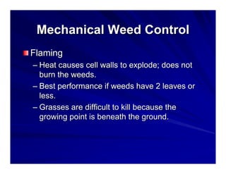 Mechanical Weed Control
Flaming
– Heat causes cell walls to explode; does not
burn the weeds.
– Best performance if weeds have 2 leaves or
less.
– Grasses are difficult to kill because the
growing point is beneath the ground.

 