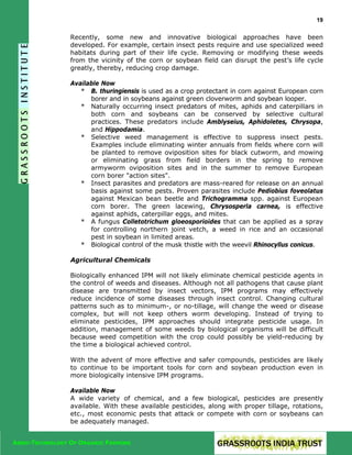 19

Recently, some new and innovative biological approaches have been
developed. For example, certain insect pests require and use specialized weed
habitats during part of their life cycle. Removing or modifying these weeds
from the vicinity of the corn or soybean field can disrupt the pest’s life cycle
greatly, thereby, reducing crop damage.
Available Now
* B. thuringiensis is used as a crop protectant in corn against European corn
borer and in soybeans against green cloverworm and soybean looper.
* Naturally occurring insect predators of mites, aphids and caterpillars in
both corn and soybeans can be conserved by selective cultural
practices. These predators include Amblyseius, Aphidoletes, Chrysopa,
and Hippodamia.
* Selective weed management is effective to suppress insect pests.
Examples include eliminating winter annuals from fields where corn will
be planted to remove oviposition sites for black cutworm, and mowing
or eliminating grass from field borders in the spring to remove
armyworm oviposition sites and in the summer to remove European
corn borer "action sites".
* Insect parasites and predators are mass-reared for release on an annual
basis against some pests. Proven parasites include Pediobius foveolatus
against Mexican bean beetle and Trichogramma spp. against European
corn borer. The green lacewing, Chrysosperla carnea, is effective
against aphids, caterpillar eggs, and mites.
* A fungus Colletotrichum gloeosporioides that can be applied as a spray
for controlling northern joint vetch, a weed in rice and an occasional
pest in soybean in limited areas.
* Biological control of the musk thistle with the weevil Rhinocyllus conicus.
Agricultural Chemicals
Biologically enhanced IPM will not likely eliminate chemical pesticide agents in
the control of weeds and diseases. Although not all pathogens that cause plant
disease are transmitted by insect vectors, IPM programs may effectively
reduce incidence of some diseases through insect control. Changing cultural
patterns such as to minimum-, or no-tillage, will change the weed or disease
complex, but will not keep others worm developing. Instead of trying to
eliminate pesticides, IPM approaches should integrate pesticide usage. In
addition, management of some weeds by biological organisms will be difficult
because weed competition with the crop could possibly be yield-reducing by
the time a biological achieved control.
With the advent of more effective and safer compounds, pesticides are likely
to continue to be important tools for corn and soybean production even in
more biologically intensive IPM programs.
Available Now
A wide variety of chemical, and a few biological, pesticides are presently
available. With these available pesticides, along with proper tillage, rotations,
etc., most economic pests that attack or compete with corn or soybeans can
be adequately managed.
AGRO-TECHNOLOGY OF ORGANIC FARMING

 
