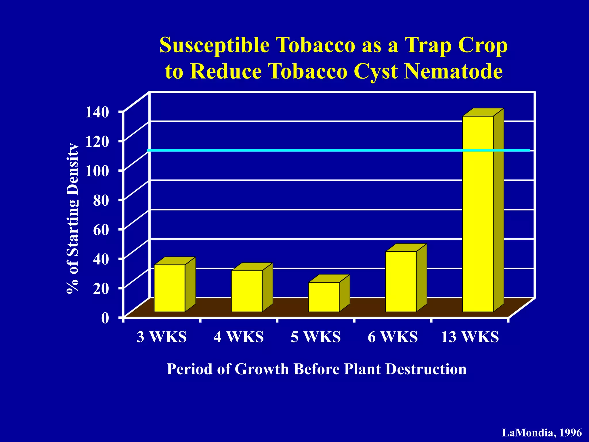 Susceptible Tobacco as a Trap Crop
to Reduce Tobacco Cyst Nematode

% of Starting Density

140
120

100
80

60
40

20
0
3 WKS

4 WKS

5 WKS

6 WKS

13 WKS

Period of Growth Before Plant Destruction
P

LaMondia, 1996

 