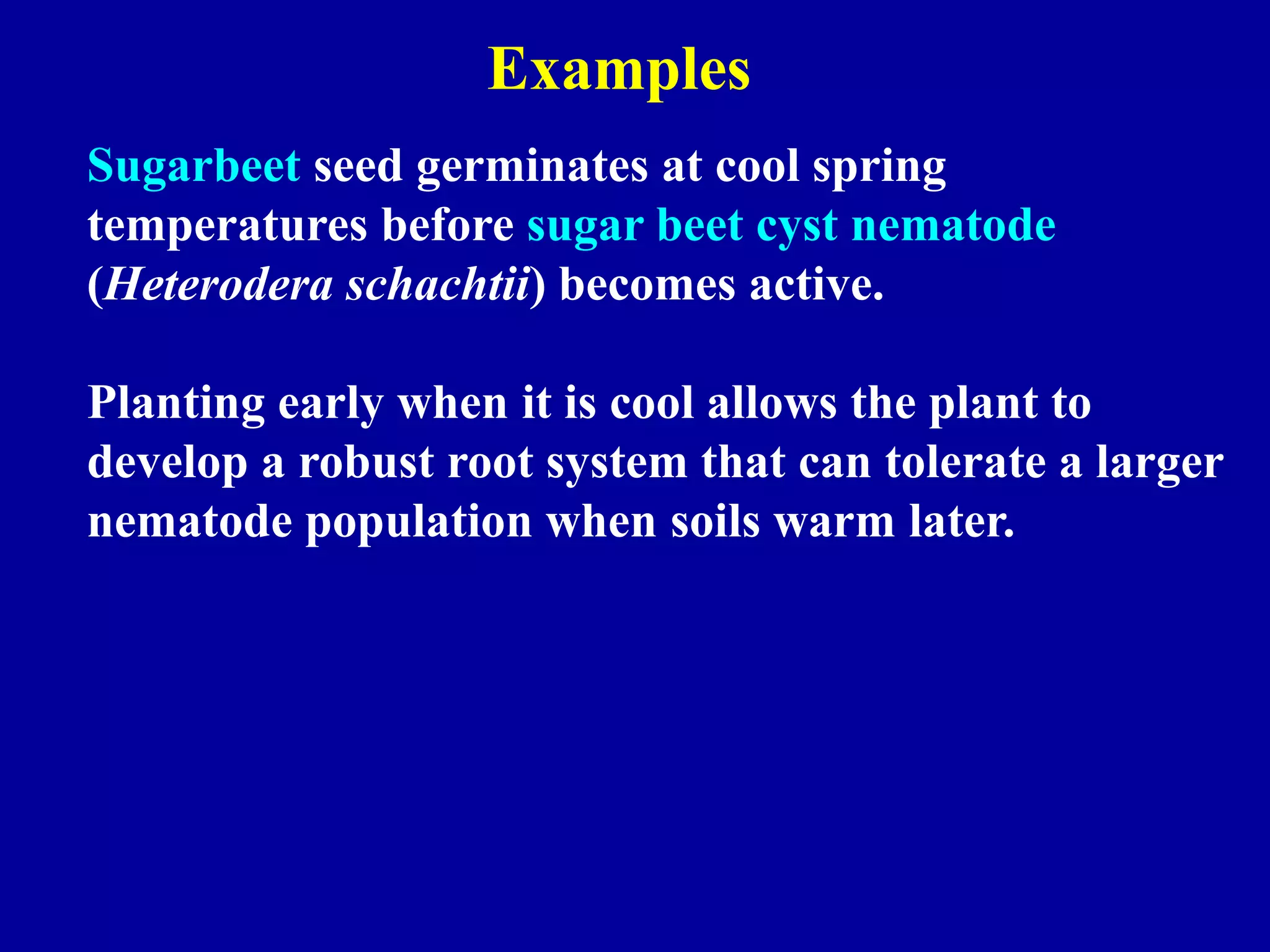 Examples
Sugarbeet seed germinates at cool spring
temperatures before sugar beet cyst nematode
(Heterodera schachtii) becomes active.
Planting early when it is cool allows the plant to
develop a robust root system that can tolerate a larger
nematode population when soils warm later.

 