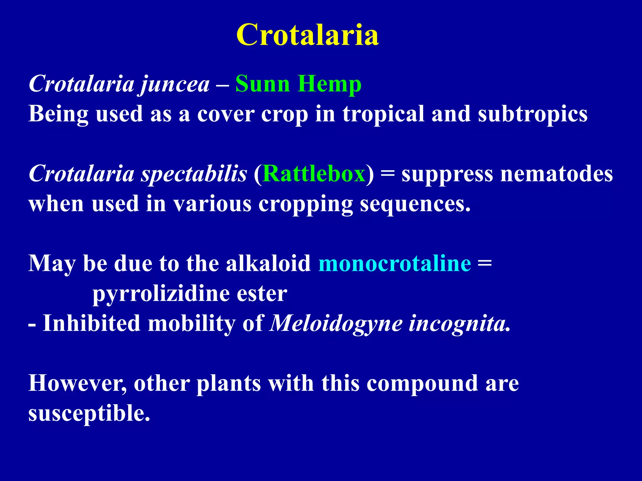 Crotalaria
Crotalaria juncea – Sunn Hemp
Being used as a cover crop in tropical and subtropics
Crotalaria spectabilis (Rattlebox) = suppress nematodes
when used in various cropping sequences.
May be due to the alkaloid monocrotaline =
pyrrolizidine ester
- Inhibited mobility of Meloidogyne incognita.

However, other plants with this compound are
susceptible.

 