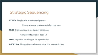 Strategic Sequencing
UTILITY People who are devoted gamers
People who are environmentally-conscious
PRICE Individuals who are budget-conscious
Compared to price of Xbox 1X
COST Impact of recycling on tech production
ADOPTION Change in model versus attraction to what is new
 
