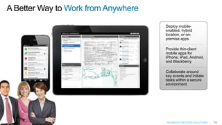 A Better Way to Work from Anywhere
                                     Deploy mobile-
                                     enabled, hybrid
                                     location, or on-
                                     premise apps

                                     Provide thin-client
                                     mobile apps for
                                     iPhone, iPad, Android,
                                     and Blackberry

                                     Collaborate around
                                     key events and initiate
                                     tasks within a secure
                                     environment




                                     BUSINESS PROCESS SOLUTIONS   14
 