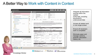 A Better Way to Work with Content in Context
                                           Integrate all information
                                           sources within the
                                           context
                                           of the task, including
                                           structured &
                                           unstructured data

                                           Access all related work
                                           in one single screen

                                           Ensure all necessary
                                           work is completed

                                           Eliminate paper and
                                           manage versions,
                                           archival, discussion
                                           history, etc.




      Knowledge Worker                     BUSINESS PROCESS SOLUTIONS   8
 
