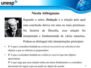 Nicola Abbagnano
• Segundo o autor; Dedução é a relação pela qual
uma conclusão deriva em uma ou mais premissas.
Na história da filosofia, essa relação foi
interpretada e fundamentada de várias maneiras.
Podem-se distinguir três interpretações principais:
• 1ª A que a considera fundada na essência necessária ou substância dos
objetos a que se referem as proposições;
• 2ª A que a considera fundada na evidência sensível que tais objetos
apresentam;
3ª A que nega que essa relação tenha um único fundamento e a considera
decorrente de regras cujo uso pode ser objeto de acordo
 