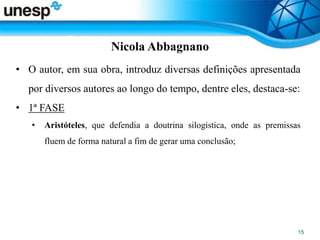 Nicola Abbagnano
• O autor, em sua obra, introduz diversas definições apresentada
por diversos autores ao longo do tempo, dentre eles, destaca-se:
• 1ª FASE
• Aristóteles, que defendia a doutrina silogistica, onde as premissas
fluem de forma natural a fim de gerar uma conclusão;
 