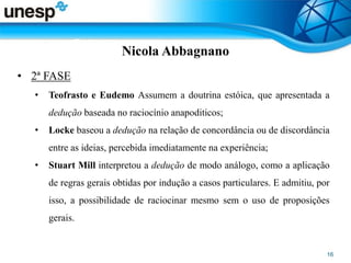 Nicola Abbagnano
• 2ª FASE
• Teofrasto e Eudemo Assumem a doutrina estóica, que apresentada a
dedução baseada no raciocínio anapoditicos;
• Locke baseou a dedução na relação de concordância ou de discordância
entre as ideias, percebida imediatamente na experiência;
• Stuart Mill interpretou a dedução de modo análogo, como a aplicação
de regras gerais obtidas por indução a casos particulares. E admitiu, por
isso, a possibilidade de raciocinar mesmo sem o uso de proposições
gerais.
 