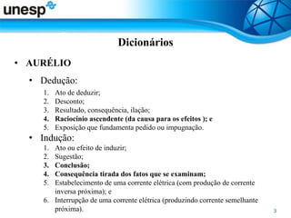 Dicionários
• AURÉLIO
• Dedução:
1. Ato de deduzir;
2. Desconto;
3. Resultado, consequência, ilação;
4. Raciocínio ascendente (da causa para os efeitos ); e
5. Exposição que fundamenta pedido ou impugnação.
• Indução:
1. Ato ou efeito de induzir;
2. Sugestão;
3. Conclusão;
4. Consequência tirada dos fatos que se examinam;
5. Estabelecimento de uma corrente elétrica (com produção de corrente
inversa próxima); e
6. Interrupção de uma corrente elétrica (produzindo corrente semelhante
próxima).
 