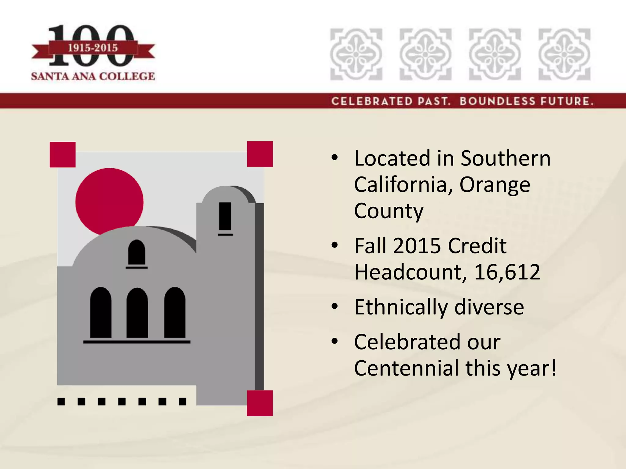 • Located in Southern
California, Orange
County
• Fall 2015 Credit
Headcount, 16,612
• Ethnically diverse
• Celebrated our
Centennial this year!
 