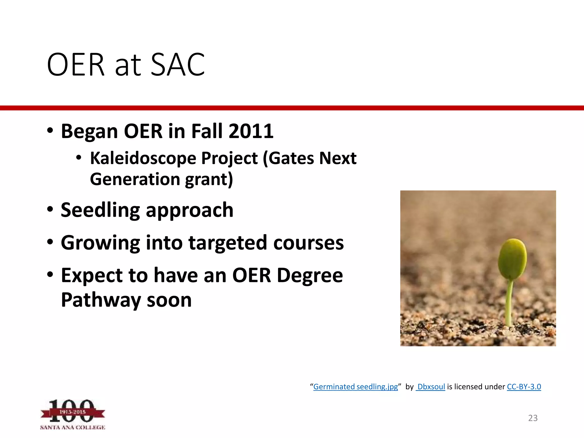 OER at SAC
• Began OER in Fall 2011
• Kaleidoscope Project (Gates Next
Generation grant)
• Seedling approach
• Growing into targeted courses
• Expect to have an OER Degree
Pathway soon
23
“Germinated seedling.jpg” by Dbxsoul is licensed under CC-BY-3.0
 