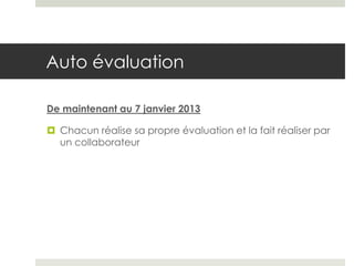 Auto évaluation

De maintenant au 7 janvier 2013

 Chacun réalise sa propre évaluation et la fait réaliser par
  un collaborateur
 