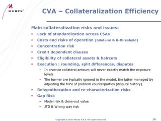 CVA – Collateralization Efficiency
Main collateralization risks and issues:


Lack of standardization across CSAs



Costs and risks of operation (bilateral & 0-threshold)



Concentration risk



Credit dependent clauses



Eligibility of collateral assets & haircuts



Execution : rounding, split differences, disputes
– In practice collateral amount will never exactly match the exposure
levels
– The former are typically ignored in the model, the latter managed by
adjusting the MPR of problem counterparties (dispute history).



Rehypothecation and re-characterization risks



Gap Risk
– Model risk & close-out value
– JTD & Wrong way risk

Copyright ® 2012 Murex S.A.S. All rights reserved

16

 