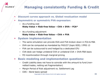 Managing consistently Funding & Credit


Discount curves approach vs. Global revaluation model



Asymmetric or symmetric FVA expression:
– As a funding cost
Risky Value = Risk-free Value – CVA + DVA – FCA*
– As a funding adjustment
Risky Value = Risk-free Value – CVA + FVA



System implementation
– The same simulation can provide DVA and FVA broken down in FCA & FBA
– DVA can be computed as mandated by FAS157 (topic 820) / IFRS 13
– FVA can be outsourced to and hedged by a dedicated CFU
– CVA desk can hedge unilateral CVA or unilateral CVA + DVA-FBA basis
– FO incentivization through marginal pricing



Basic modeling and implementation questions:
– Credit Liability does not have to coincide with the amount to fund (nonnetted trades, netting set fragmentation)
– Margin Period of Risk adjustment vs. Settlement Lag
– CDS – Bond basis spread
Copyright ® 2012 Murex S.A.S. All rights reserved

46

 