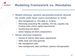 Modeling framework vs. Mandates
 Model choices, system parameterization should
be made with their users mandates in mind
– Risk management vs. CVA desk vs. Funding
– Minimizing accounting P&L volatility, JTD risk, Liquidity risk,
Funding costs, and/or capital requirements
– Incentivizing risk-takers
– Active hedging (of which components?)

 Some obvious impacts
– Choices of metrics, data inputs, adjustments
– WWR, basis and cross-gammas
– P&L management tools

– Fees management, data workflows, systems interoperability

Copyright ® 2012 Murex S.A.S. All rights reserved

47

 