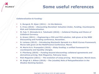 Some useful references
Collateralization & Funding:


C. Burgard, M. Kjaer (2011) – In the Balance.



C. Fries (2010) – Discounting Revisited: Valuation Under, Funding, Counterparty
Risk and Collateralisation.



M. Fuji, Y. Shimada & A. Takahashi (2010) – Collateral Posting and Choice of
Collateral Currency.



A. Green (2011) – Engineering a CVA and FVA solution, talk given at the WBS
Discounting and Funding conference, November.



D. Loiseau (2012) – Introducing Stochastic Spreads in a Multi-Curves Framework,
Murex talk given at the MathFinance Conference, March.



M. Morini & A. Prampolini (2010) – Risky funding: a unified framework for
counterparty and liquidity charges.



V. Piterbarg (2010) – Funding beyond discounting: collateral agreements and
derivatives pricing, Risk Magazine, February issue.



Risk Magazine (2011) – The evolution of swap pricing. Nick Sawyer, March issue.



M. Singh & J. Aitken (2010) – The (sizable) Role of Rehypothecation in the
Shadow Banking System.

Copyright ® 2012 Murex S.A.S. All rights reserved

54

 