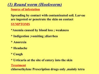 (1) Round worm (Hookworm) 
Source of infestation 
Spreading by contact with contaminated soil. Larvae 
are ingested or penetrate the skin on contact 
SYMPTOMS 
*Anemia caused by blood loss ; weakness 
* Indigestion ;vomiting ;diarrhea 
* Anorexia 
* Headache 
* Cough 
* Urticaria at the site of entery into the skin 
Treatment 
chloroethylene Prescription drugs only ,mainly tetra 
 