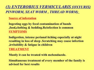 (3) ENTEROBIUS VERMICULARIS (OXYURIS) 
PINWORM, SEAT WORM , THREAD WORM) 
Source of infestation 
Ingesting eggs by fecal contamination of hands 
,food,clothing & bedding.Reinfection is common 
SYMPTOMS 
Indigestion, intense perianal itching especially at night 
resulting in loss of sleep .Scratching may cause infection 
,irritability & fatigue in children 
TREATMENT 
Mostly it can be treated with mebendazole. 
Simultaneous treatment of every member of the family is 
advised for best results 
 