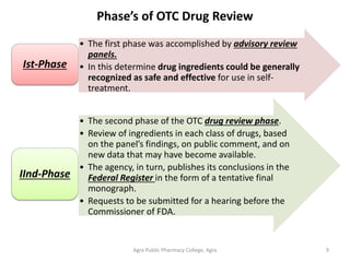 Agra Public Pharmacy College, Agra 9
Phase’s of OTC Drug Review
• The first phase was accomplished by advisory review
panels.
• In this determine drug ingredients could be generally
recognized as safe and effective for use in self-
treatment.
Ist-Phase
• The second phase of the OTC drug review phase.
• Review of ingredients in each class of drugs, based
on the panel’s findings, on public comment, and on
new data that may have become available.
• The agency, in turn, publishes its conclusions in the
Federal Register in the form of a tentative final
monograph.
• Requests to be submitted for a hearing before the
Commissioner of FDA.
IInd-Phase
 