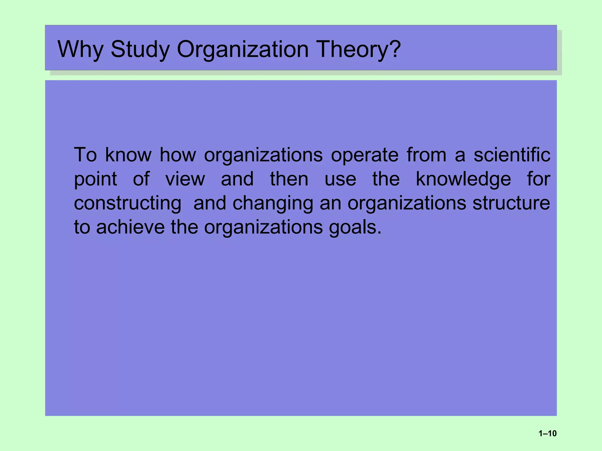 Why Study Organization Theory?Why Study Organization Theory?
To know how organizations operate from a scientific
point of view and then use the knowledge for
constructing and changing an organizations structure
to achieve the organizations goals.
1–10
 