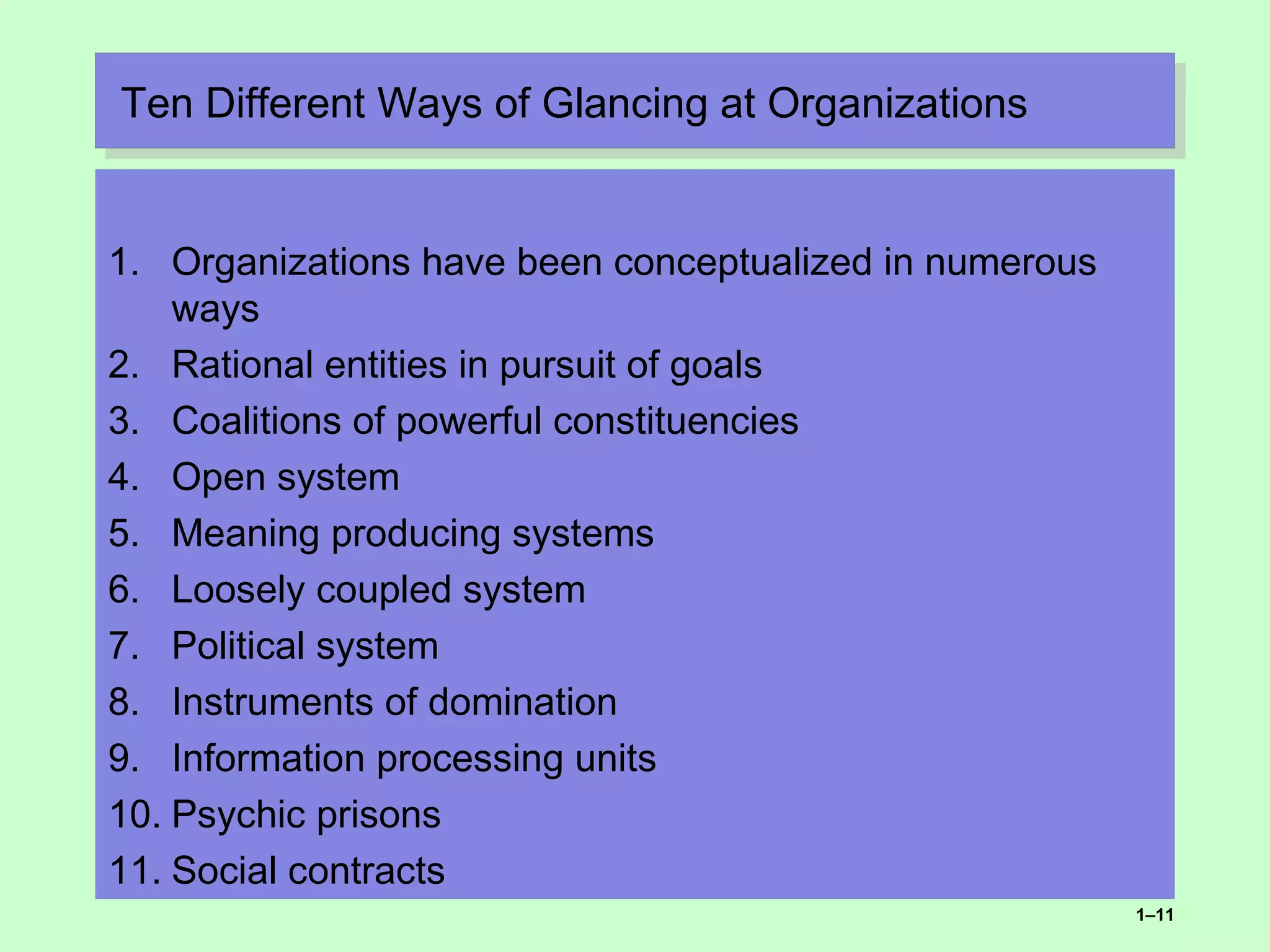 Ten Different Ways of Glancing at OrganizationsTen Different Ways of Glancing at Organizations
1. Organizations have been conceptualized in numerous
ways
2. Rational entities in pursuit of goals
3. Coalitions of powerful constituencies
4. Open system
5. Meaning producing systems
6. Loosely coupled system
7. Political system
8. Instruments of domination
9. Information processing units
10. Psychic prisons
11. Social contracts
1–11
 