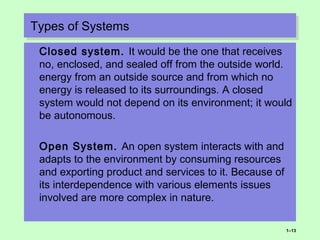 Types of SystemsTypes of Systems
Closed system. It would be the one that receives
no, enclosed, and sealed off from the outside world.
energy from an outside source and from which no
energy is released to its surroundings. A closed
system would not depend on its environment; it would
be autonomous.
Open System. An open system interacts with and
adapts to the environment by consuming resources
and exporting product and services to it. Because of
its interdependence with various elements issues
involved are more complex in nature.
1–13
 