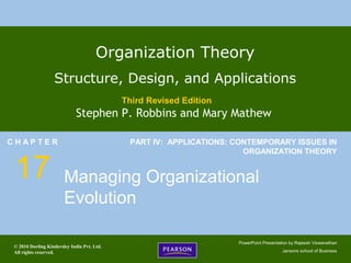 © 2010 Dorling Kindersley India Pvt. Ltd.
All rights reserved.
PowerPoint Presentation by Rajeesh Viswanathan
Jansons school of Business
Organization Theory
Structure, Design, and Applications
Third Revised Edition
Stephen P. Robbins and Mary Mathew
C H A P T E R
17
PART IV: APPLICATIONS: CONTEMPORARY ISSUES IN
ORGANIZATION THEORY
Managing Organizational
Evolution
 