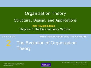 © 2010 Dorling Kindersley India Pvt. Ltd.
All rights reserved.
PowerPoint Presentation by Rajeesh Viswanathan
Jansons school of Business
Organization Theory
Structure, Design, and Applications
Third Revised Edition
Stephen P. Robbins and Mary Mathew
C H A P T E R
2
PART I INTRODUCTION: WHAT’S IT ALL ABOUT?
The Evolution of Organization
Theory
 