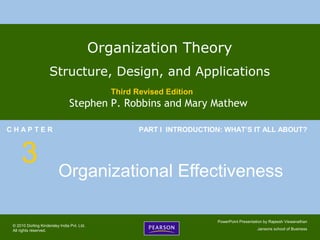 © 2010 Dorling Kindersley India Pvt. Ltd.
All rights reserved.
PowerPoint Presentation by Rajeesh Viswanathan
Jansons school of Business
Organization Theory
Structure, Design, and Applications
Third Revised Edition
Stephen P. Robbins and Mary Mathew
C H A P T E R
3
PART I INTRODUCTION: WHAT’S IT ALL ABOUT?
Organizational Effectiveness
 