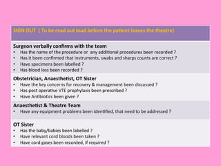 SIGN	
  OUT	
  	
  (	
  To	
  be	
  read	
  out	
  loud	
  before	
  the	
  pa;ent	
  leaves	
  the	
  theatre)	
  
Surgeon	
  verbally	
  conﬁrms	
  with	
  the	
  team	
  
•  Has	
  the	
  name	
  of	
  the	
  procedure	
  or	
  	
  any	
  addi0onal	
  procedures	
  been	
  recorded	
  ?	
  
•  Has	
  it	
  been	
  conﬁrmed	
  that	
  instruments,	
  swabs	
  and	
  sharps	
  counts	
  are	
  correct	
  ?	
  
•  Have	
  specimens	
  been	
  labelled	
  ?	
  
•  Has	
  blood	
  loss	
  been	
  recorded	
  ?	
  
Obstetrician,	
  Anaesthe;st,	
  OT	
  Sister	
  
•  Have	
  the	
  key	
  concerns	
  for	
  recovery	
  &	
  management	
  been	
  discussed	
  ?	
  
•  Has	
  post	
  opera0ve	
  VTE	
  prophylaxis	
  been	
  prescribed	
  ?	
  
•  Have	
  An0bio0cs	
  been	
  given	
  ?	
  
Anaesthe;st	
  &	
  Theatre	
  Team	
  
•  Have	
  any	
  equipment	
  problems	
  been	
  iden0ﬁed,	
  that	
  need	
  to	
  be	
  addressed	
  ?	
  
OT	
  Sister	
  
•  Has	
  the	
  baby/babies	
  been	
  labelled	
  ?	
  
•  Have	
  relevant	
  cord	
  bloods	
  been	
  taken	
  ?	
  
•  Have	
  cord	
  gases	
  been	
  recorded,	
  if	
  required	
  ?	
  
 