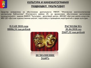 Средства направлены на обеспечение деятельности РМКУК "Ипатовская межпоселенческая
центральная библиотека" Ипатовского района СК, на финансовое обеспечение выполнения
муниципального задания ММБУК "Культурно - досуговый центр», МБУДО «Детская школа искусств»,
МБУ ДО «Детская художественная школа», подготовку и проведение мероприятий в сфере культуры.
 