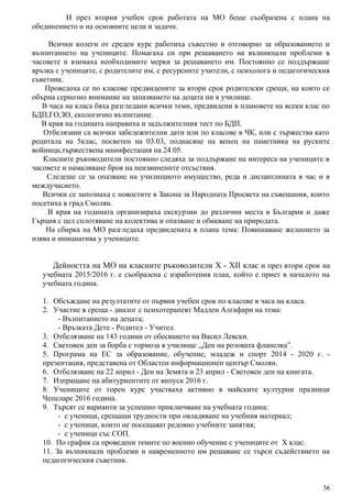 И през втория учебен срок работата на МО беше съобразена с плана на
обединението и на основните цели и задачи.
Всички колеги от среден курс работиха съвестно и отговорно за образованието и
възпитанието на учениците. Помагаха си при решаването на възникнали проблеми в
часовете и взимаха необходимите мерки за решаването им. Постоянно се поддържаше
връзка с учениците, с родителите им, с ресурсните учители, с психолога и педагогическия
съветник.
Проведоха се по класове предвидените за втори срок родителски срещи, на които се
обърна сериозно внимание на запазването на децата ни в училище.
В часа на класа бяха разгледани всички теми, предвидени в плановете на всеки клас по
БДП,ГО,ЗО, екологично възпитание.
В края на годината направиха и задължителния тест по БДП.
Отбелязани са всички забележителни дати или по класове в ЧК, или с тържества като
рецитала на 5клас, посветен на 03.03, поднасяне на венец на паметника на руските
войници,тържествена манифестация на 24.05.
Класните ръководители постоянно следяха за поддържане на интереса на учениците в
часовете и намаляване броя на неизвинените отсъствия.
Следеше се за опазване на училищното имущество, реда и дисциплината в час и в
междучасието.
Всички се запознаха с новостите в Закона за Народната Просвета на съвещания, които
посетиха в град Смолян.
В края на годината организираха екскурзии до различни места в България и даже
Гърция с цел сплотяване на колектива и опазване и обикване на природата.
На сбирка на МО разгледаха предвидената в плана тема: Повишаване желанието за
изява и инициатива у учениците.
Дейността на МО на класните ръководители X - XII клас и през втори срок на
учебната 2015/2016 г. е съобразена с изработения план, който е приет в началото на
учебната година.
1. Обсъждане на резултатите от първия учебен срок по класове в часа на класа.
2. Участие в среща - диалог с психотерапевт Мадлен Алгафари на тема:
- Възпитанието на децата;
- Връзката Дете - Родител - Учител.
3. Отбелязване на 143 години от обесването на Васил Левски.
4. Световен ден за борба с тормоза в училище ,,Ден на розовата фланелка”.
5. Програма на ЕС за образование, обучение, младеж и спорт 2014 - 2020 г. -
презентация, представена от Областен информационен център Смолян.
6. Отбелязване на 22 април - Ден на Земята и 23 април - Световен ден на книгата.
7. Изпращане на абитуриентите от випуск 2016 г.
8. Учениците от горен курс участваха активно в майските културни празници
Чепеларе 2016 година.
9. Търсят се варианти за успешно приключване на учебната година:
- с ученици, срещащи трудности при овладяване на учебния материал;
- с ученици, които не посещават редовно учебните занятия;
- с ученици със СОП.
10. По график са проведени темите по военно обучение с учениците от X клас.
11. За възникнали проблеми и навременното им решаване се търси съдействието на
педагогическия съветник.
36
 