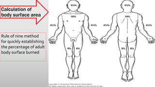 Calculation of
body surface area
Rule of nine method
for quickly establishing
the percentage of adult
body surface burned
 