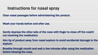 Instructions for nasal spray
• Clear nasal passages before administering the product.
• Wash your hands before and after use.
• Gently depress the other side of the nose with finger to close off the nostril
not receiving the medication.
• Aim tip of product away from nasal septum to avoid accidental damage to the
septum.
• Breathe through mouth and wait a few minutes after using the medication
before blowing the nose.
 